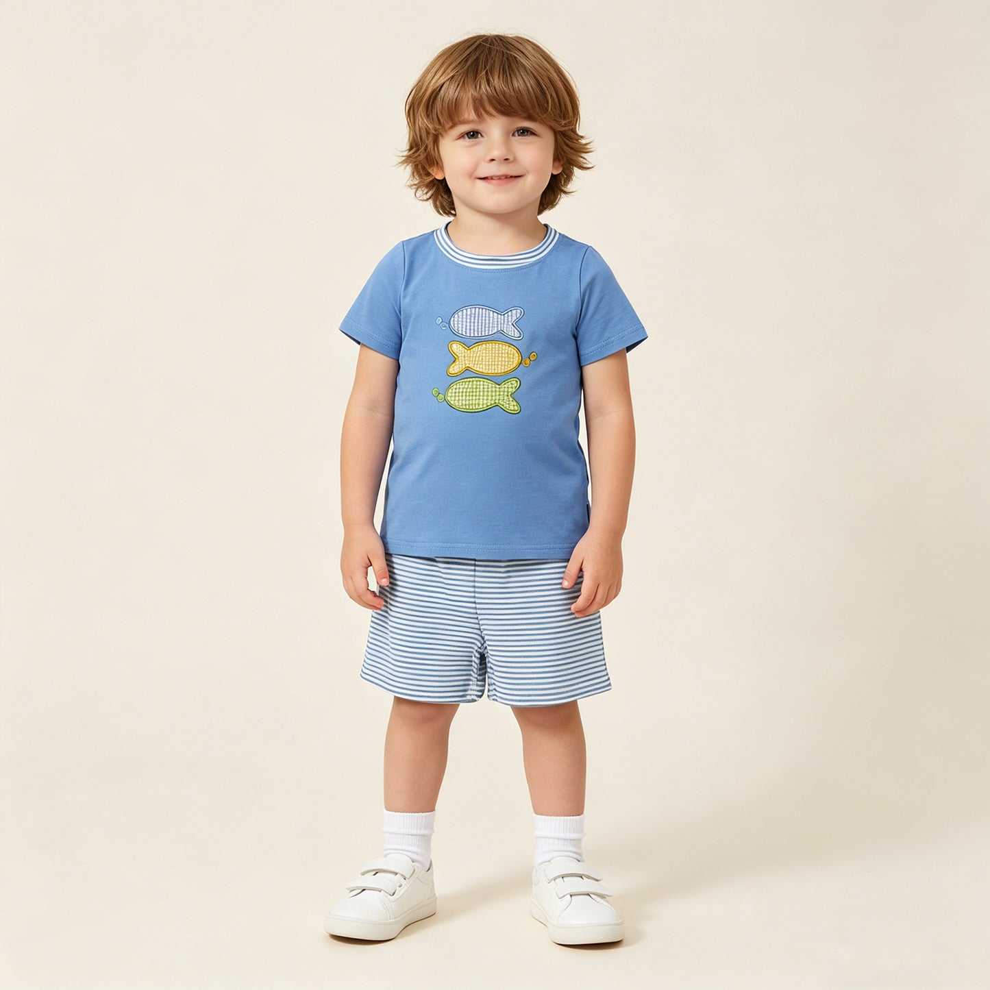 BSSO1905 RTS NO MOQ （In stock ）Short sleeves fish top plaid shorts kids boys outfits