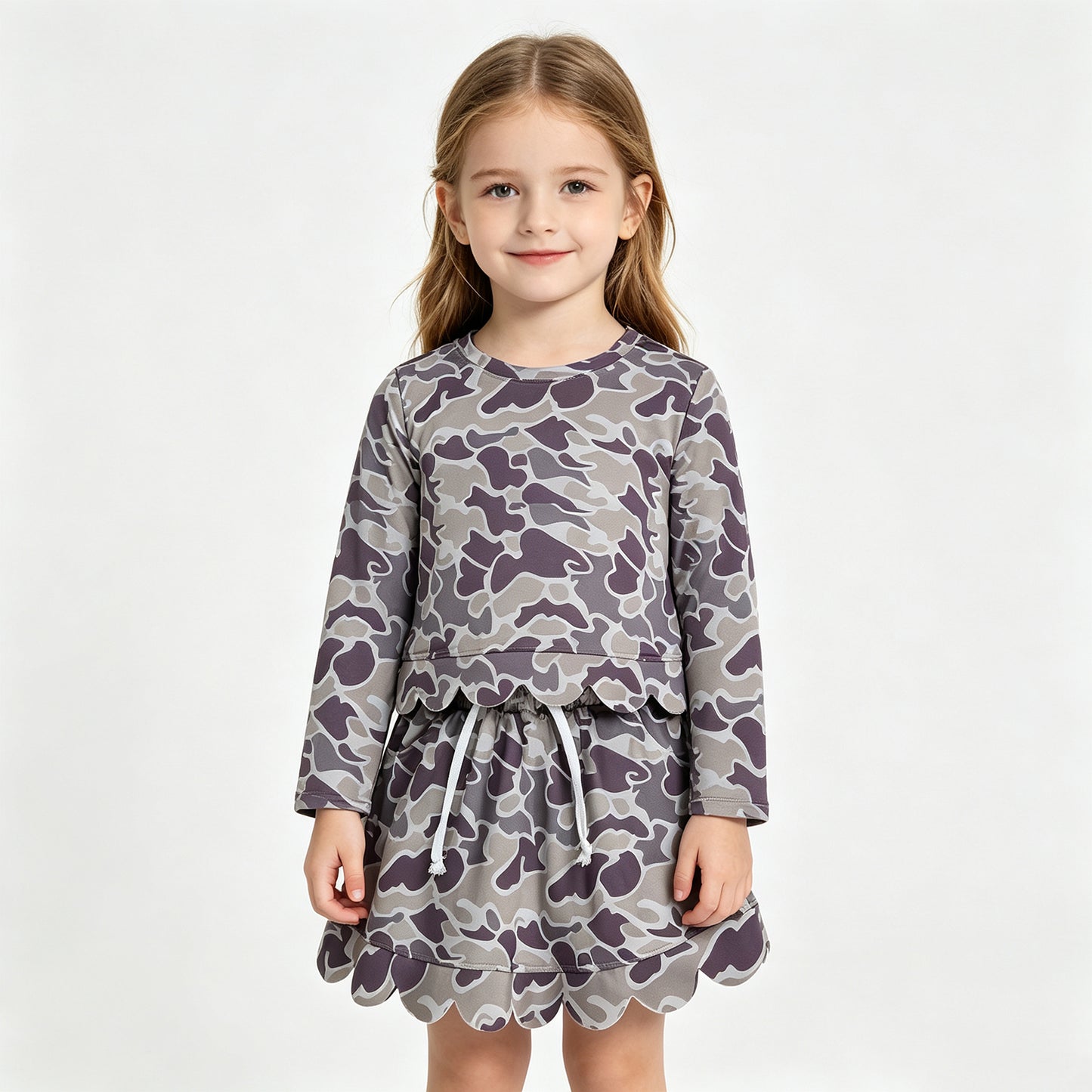 GLD1614 (GT1685+GLK0297) RTS NO MOQ （In stock）Baby Girls Long Sleeve Southern Grey Camo Top Skirt Short Scallop Clothes Set