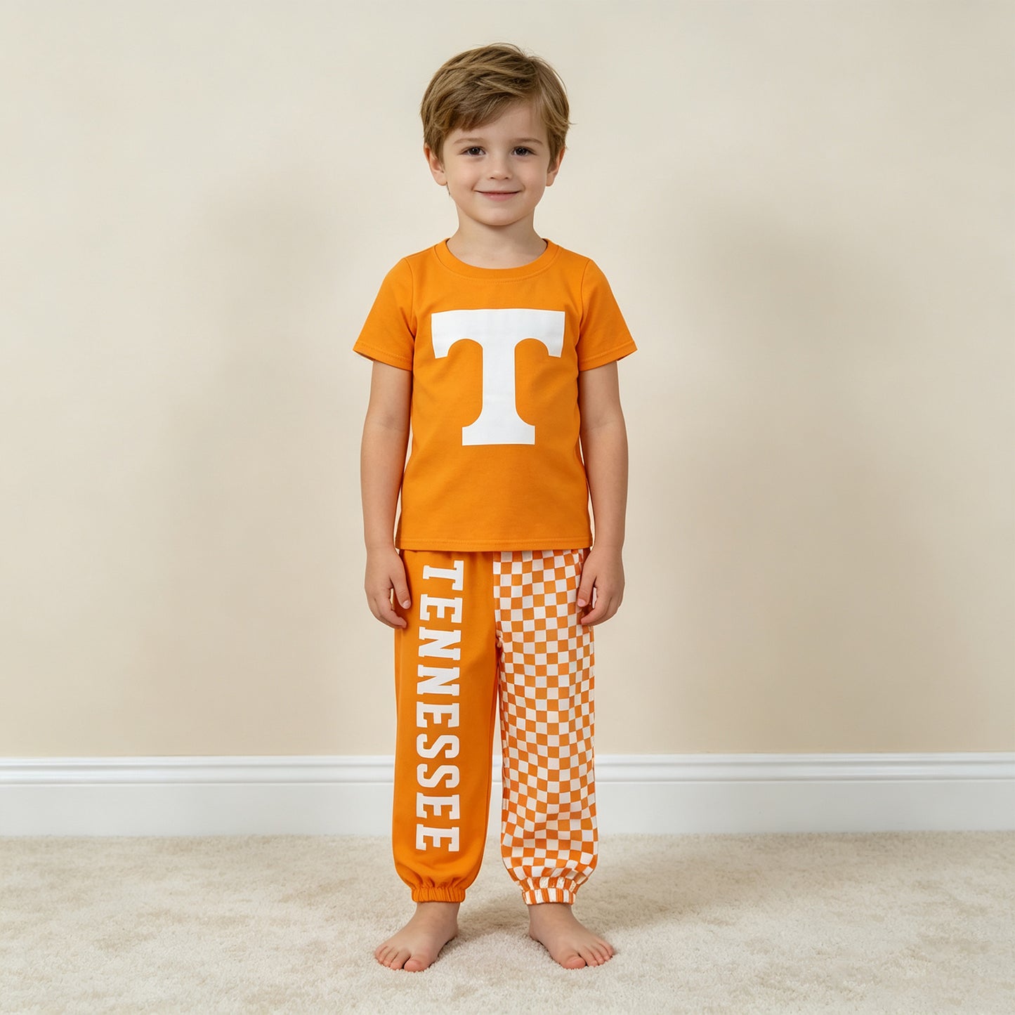 NEW RTS NO MOQ milk silk BSPO0695（BT1881+P1058） Baby Boys Orange Print T Shirt Top With Pockets Matching Joggers Team Clothes Set