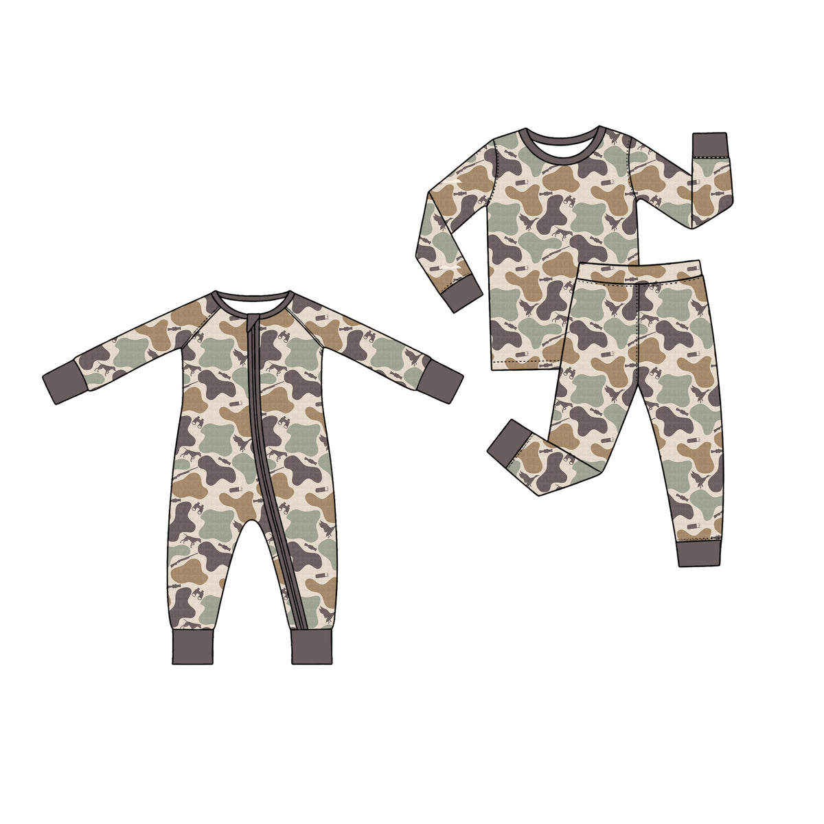 (Preorder new) No moq Baby Boys Duck Camo Long Sleeve Pajama Set And Zipper Baby Romper