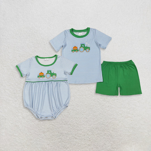 RTS Sibling Baby Boys Pumpkin Tractor Short Sleeve Top with Green Shorts Rompers Cute Farm Animal Themed Outfit for Little Ones