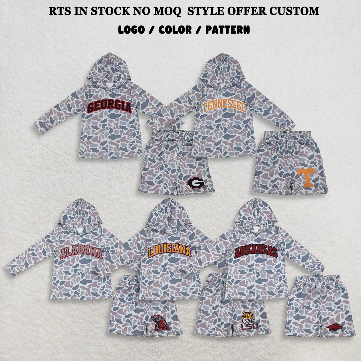RTS NO MOQ Sibling milk silk Baby Boys Light Grey Camo Long Sleeve Hoodie Pockets Short Team Clothes Set