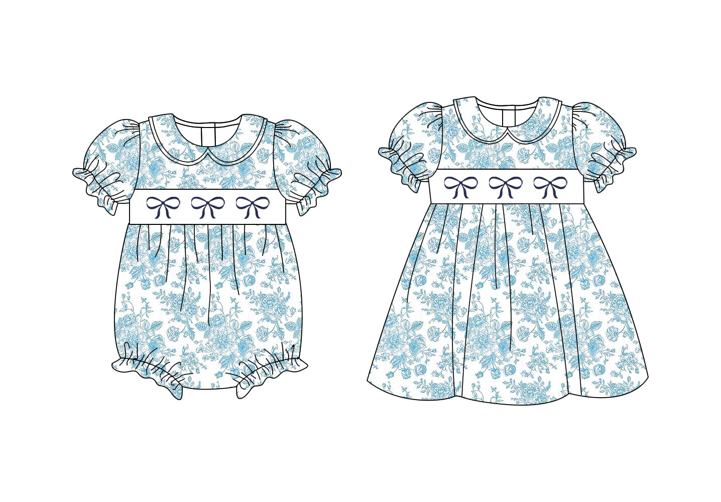 Light Blue Floral Bow Baby Girls Summer Dress Short Sleeves Cute Children's Clothing