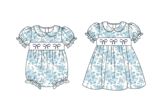 Light Blue Floral Bow Baby Girls Summer Dress Short Sleeves Cute Children's Clothing