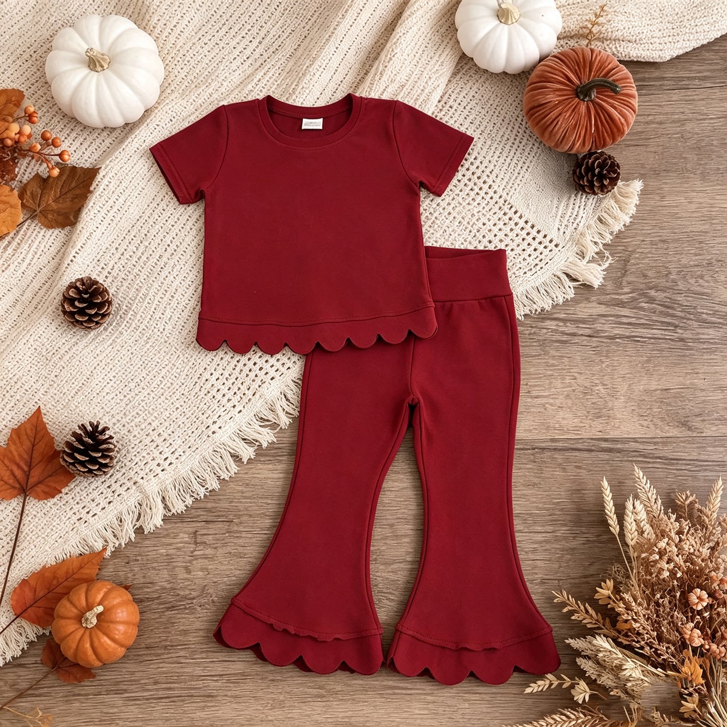 RTS NO MOQ （In stock）Cotton GSPO2344（GT1774+P1082）Baby Girls Maroon Short Sleeve Shirts Top Flare Pant Scallop Sets