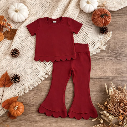 RTS NO MOQ （In stock）Cotton GSPO2344（GT1774+P1082）Baby Girls Maroon Short Sleeve Shirts Top Flare Pant Scallop Sets