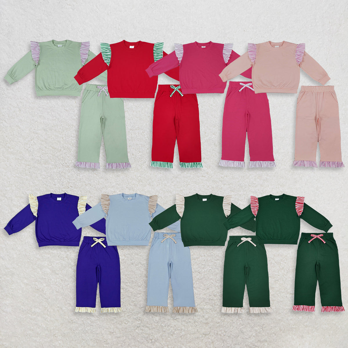 RTS NO MOQ Sibling cotton Baby Girls Solid Color Stripe Ruffle Sleeve Top Ruffle Hem Pant Clothes Set