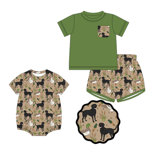Baby Boys Green Short Sleeves Pocket Top Dogs Ducks Short Hunting Set
