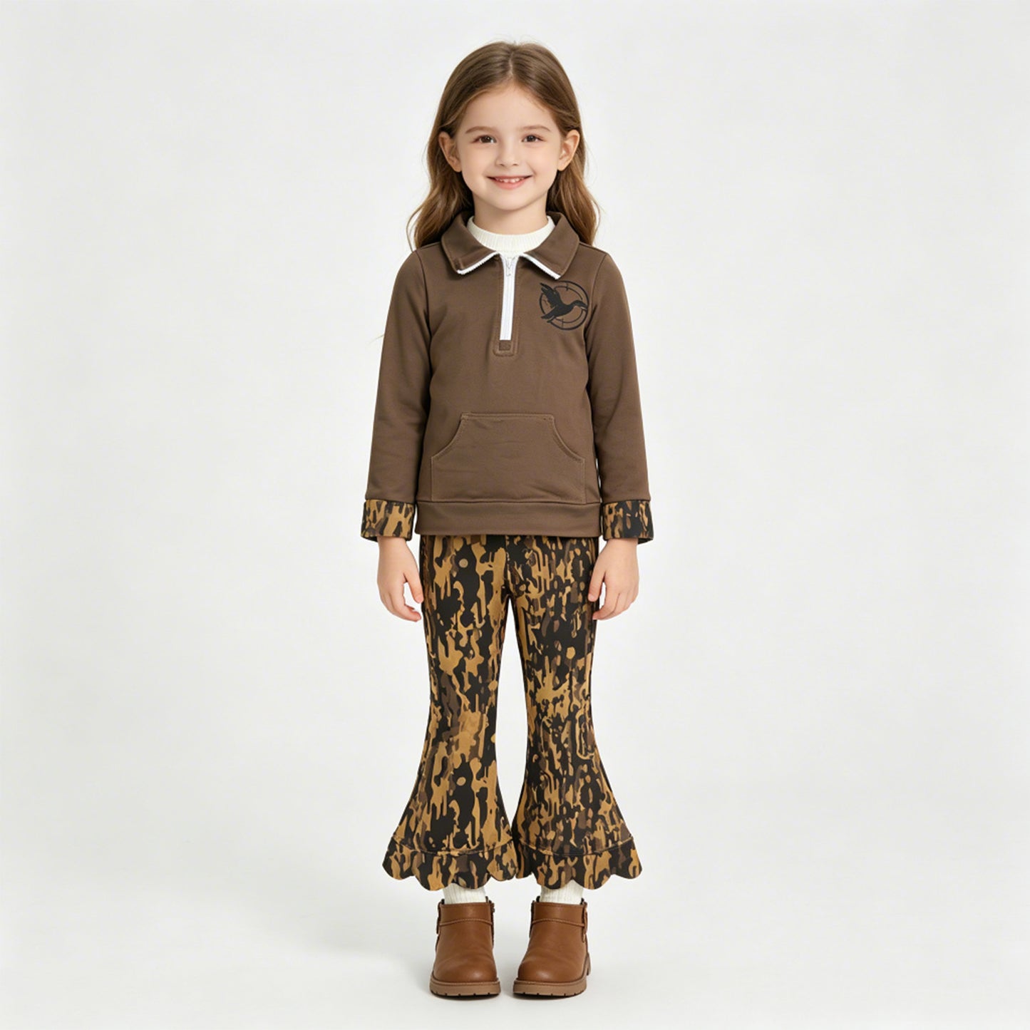 GT1698+P1039  RTS NO MOQ （In stock）Baby Girls Long Sleeve Ducks Zip Pocket Hunting Pullovers  Southern Leaves Camo Scallop Bell Bottom Pants Set