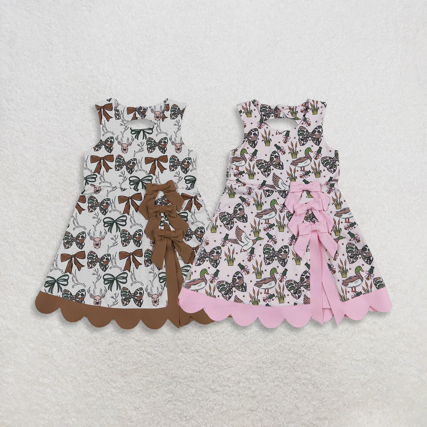 RTS Sibling yoga fabric Baby Girls Camo Bow Print Scallop Knee Length Yoga Active Dress
