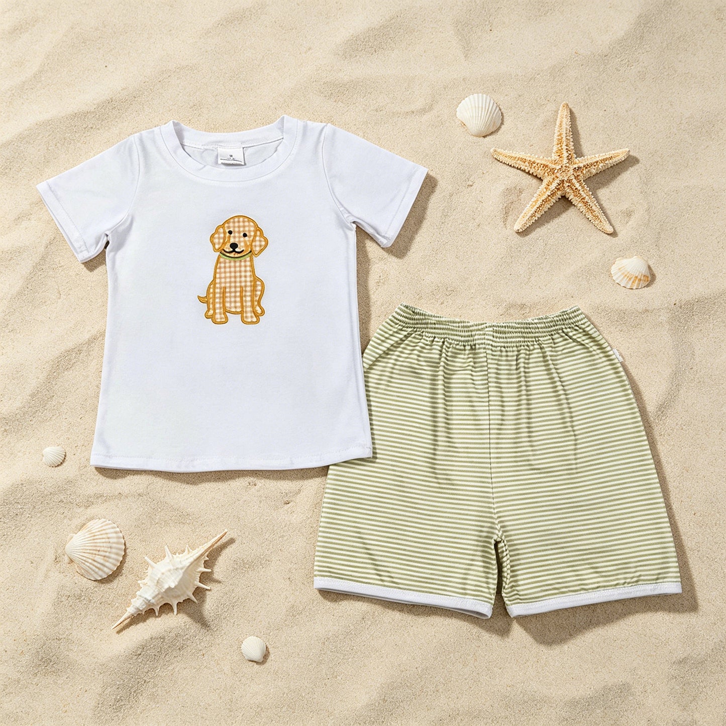 BSSO2002 RTS NO MOQ （In stock ）Short sleeves plaid dog embroidery top shorts boys outfits