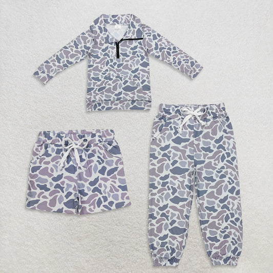 USA Warehouse (IN STOCK)  Kids Grey Camo Pullover Long Sleeve Zipper Jacket with Pockets Elastic Waist Boys Hunting Pants Summer Shorts Set