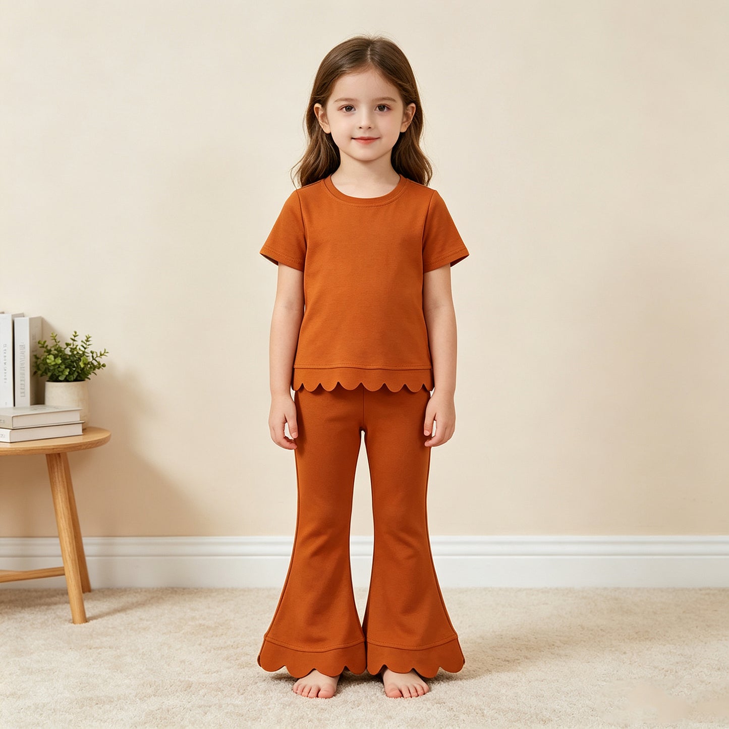 GSPO2345（GT1775+P1083）RTS NO MOQ （In stock）cotton Baby Girls Short Sleeve Shirts Top Flare Pant Scallop Sets