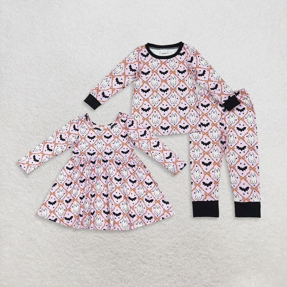 RTS Sibling Baby Girls Winter Outfits Baby Girls Long Sleeve Ghost Bat Bow Halloween Pajamas Dress Cutealloween Costume for Kids