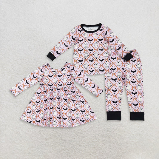 RTS Sibling Baby Girls Winter Outfits Baby Girls Long Sleeve Ghost Bat Bow Halloween Pajamas Dress Cutealloween Costume for Kids