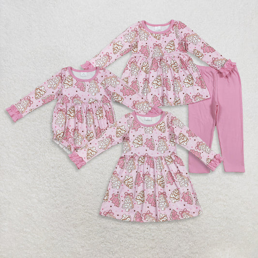 RTS Sibling Baby Girls Winter Outfits Pink Bow Christmas Tree Cake Tunic Leggings Outfit Holiday Dress Rompers Children's Fashion Clothing Set
