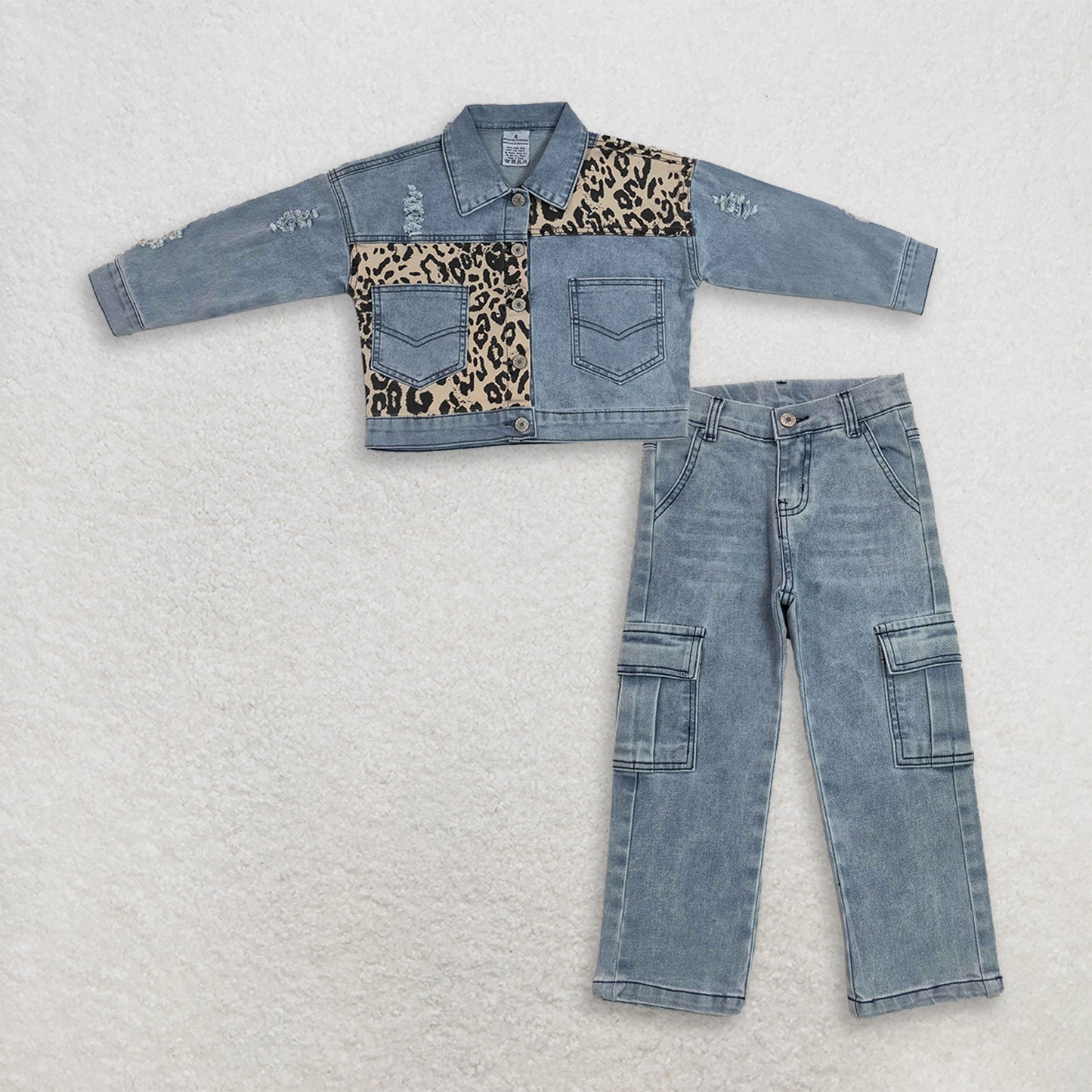GT1730+P1049 RTS NO MOQ （In stock）Baby Girls Leopard Print Patch Blue Long Sleeve Pocket Denim Jacket Denim Pants Matching Set