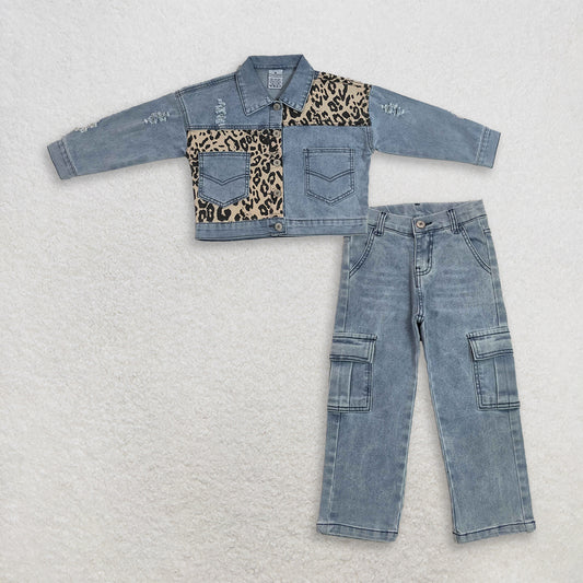 GT1730+P1049 RTS NO MOQ （In stock）Baby Girls Leopard Print Patch Blue Long Sleeve Pocket Denim Jacket Denim Pants Matching Set