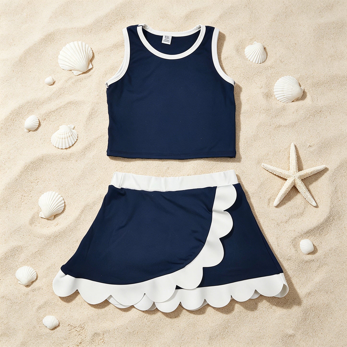 GSD4024 RTS NO MOQ （In stock ）Sleeveless navy white scallop girls team active wear set