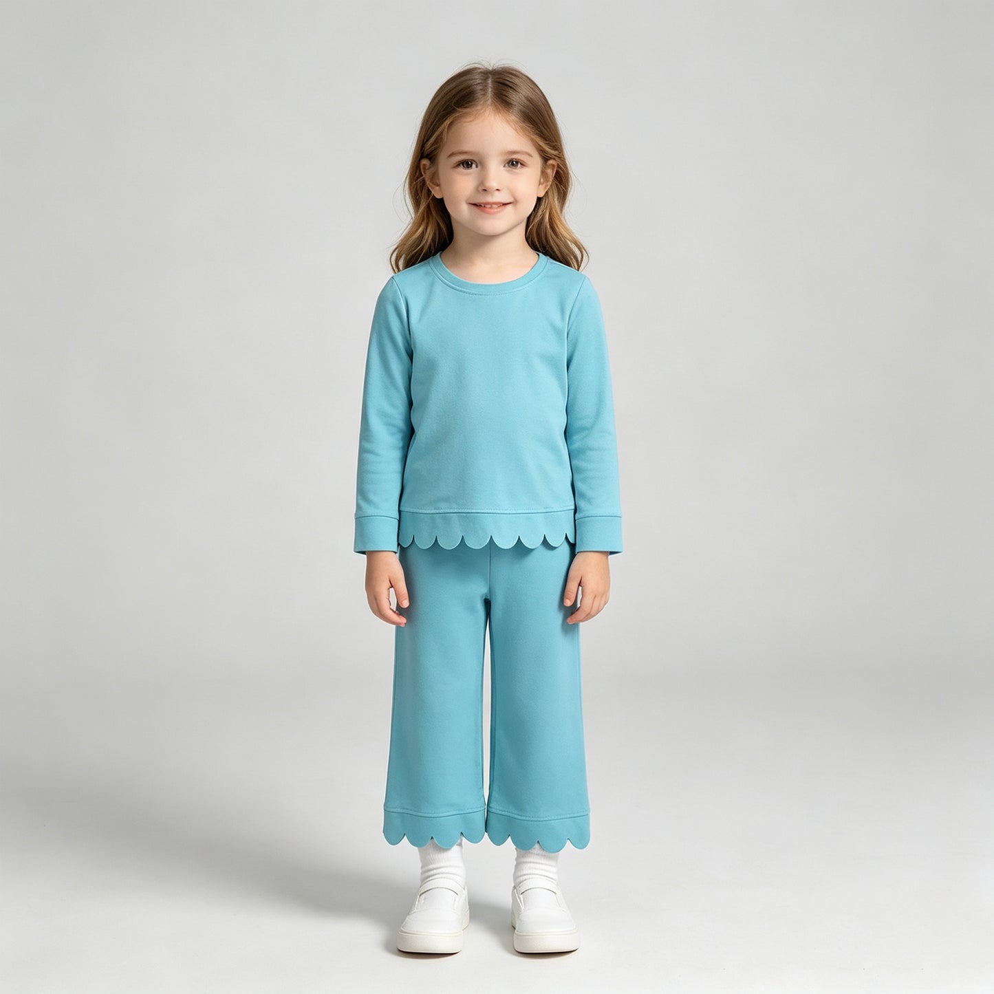 GLP3297 RTS NO MOQ （In stock）Aqua cotton long sleeves scallop girls fall pajamas set