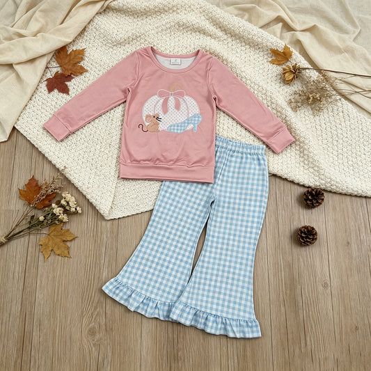 RTS NO MOQ milk silk GLP3598 Baby Girls Bow Pumpkins Mouse Top Checked Ruffle Flare Pant Fall Clothes Sets