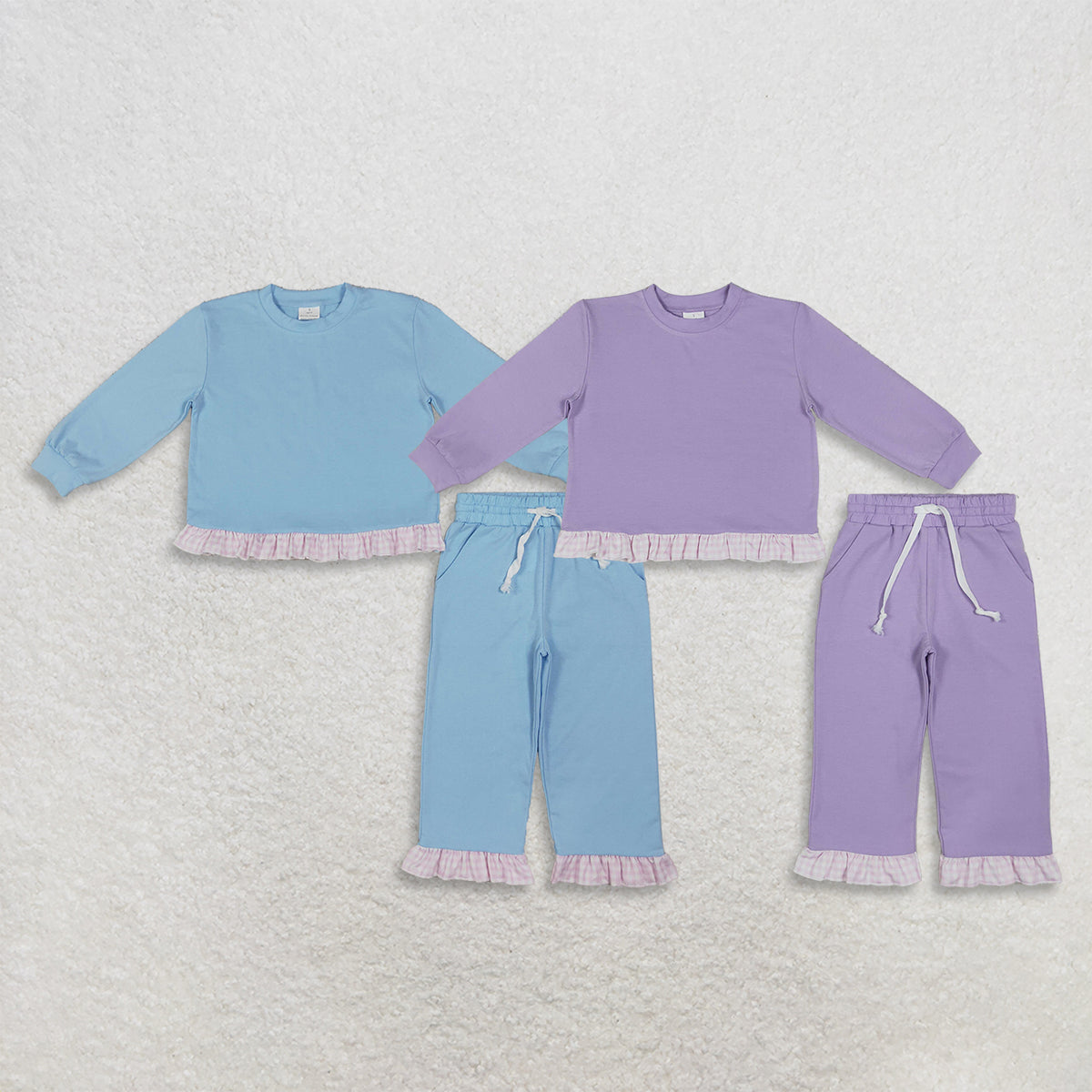 RTS NO MOQ RTS NO MOQ Sibling cotton Baby Girls Solid Color Long Sleeve Top Ruffle Hem Pant Casual Outfit