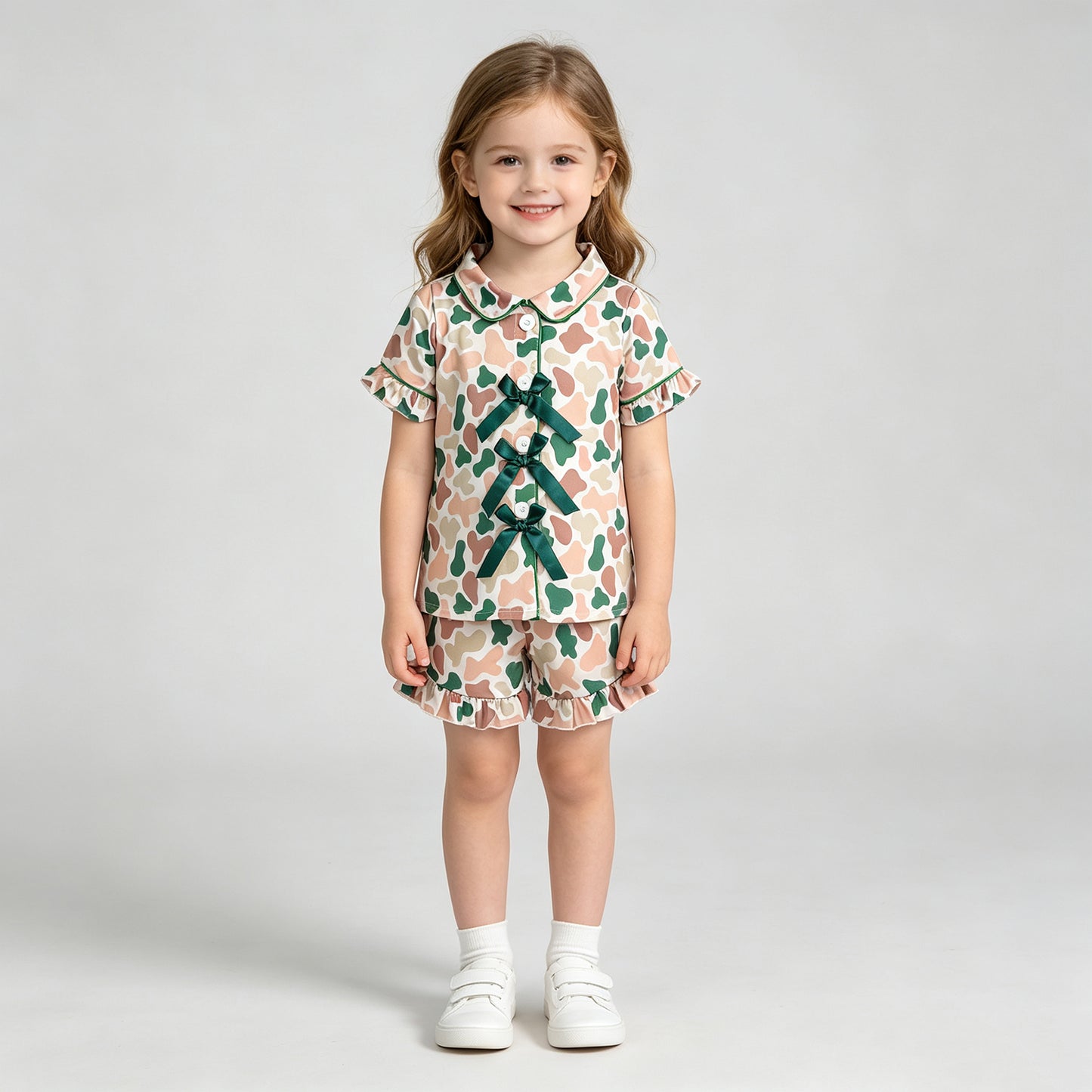 GSSO3367 RTS NO MOQ （In stock）Short sleeves dark green bow camo girls button down pajamas set