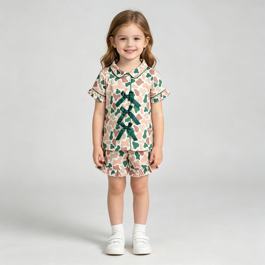 GSSO3367 RTS NO MOQ （In stock）Short sleeves dark green bow camo girls button down pajamas set