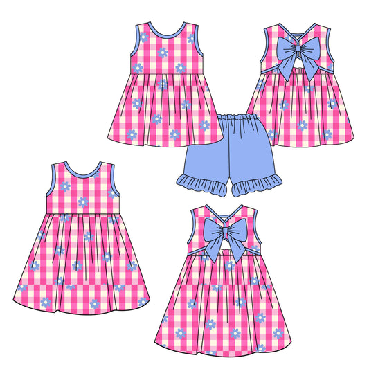 3.28 Pre order No Moq Baby Girls Sleeveless Pink Checked Flowers Tunic Ruffle Short Clothes Set Preorder
