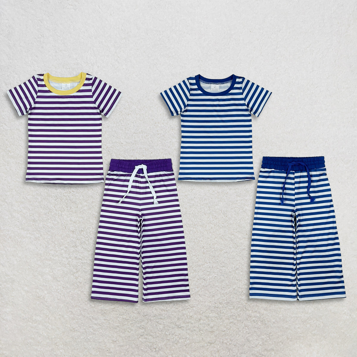 RTS NO MOQ Sibling milk silk Baby Girls Striped Short Sleeve Top And Drawstring Wide Leg Pants Casual Clothes Set