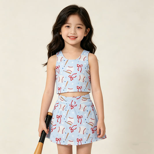 4.11 GSD3835 RTS NO MOQ （In stock ）Sleeveless baseball bow kids girls summer activewear set