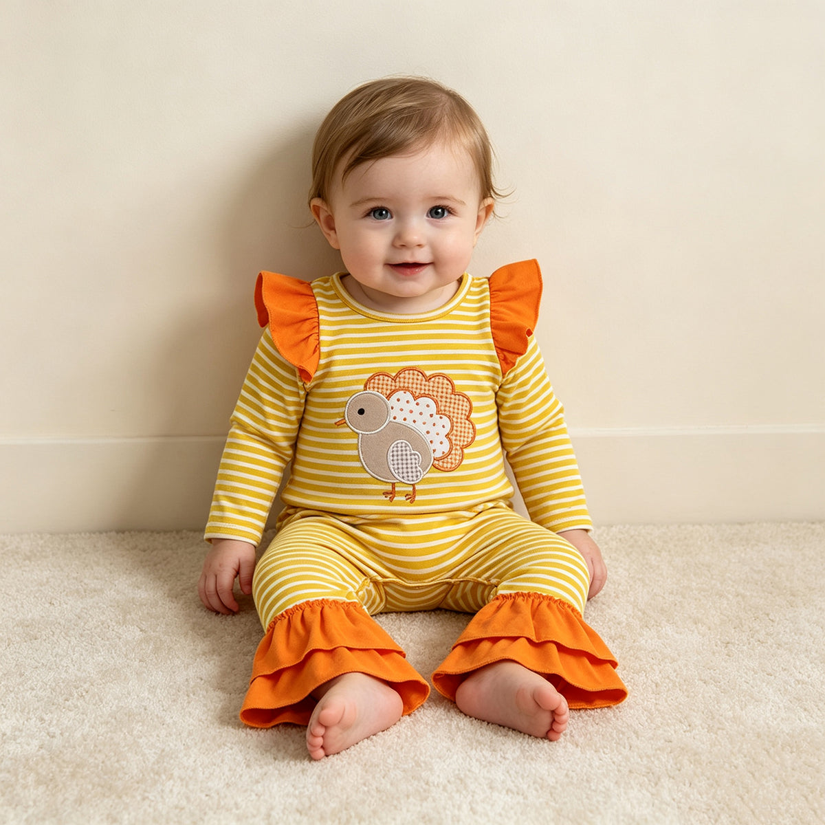 RTS NO MOQ （In stock）milk silk LR3144 Embroidery Turkey Baby Girls Orange Stripe Thanksgivings Ruffle Pant Rompers