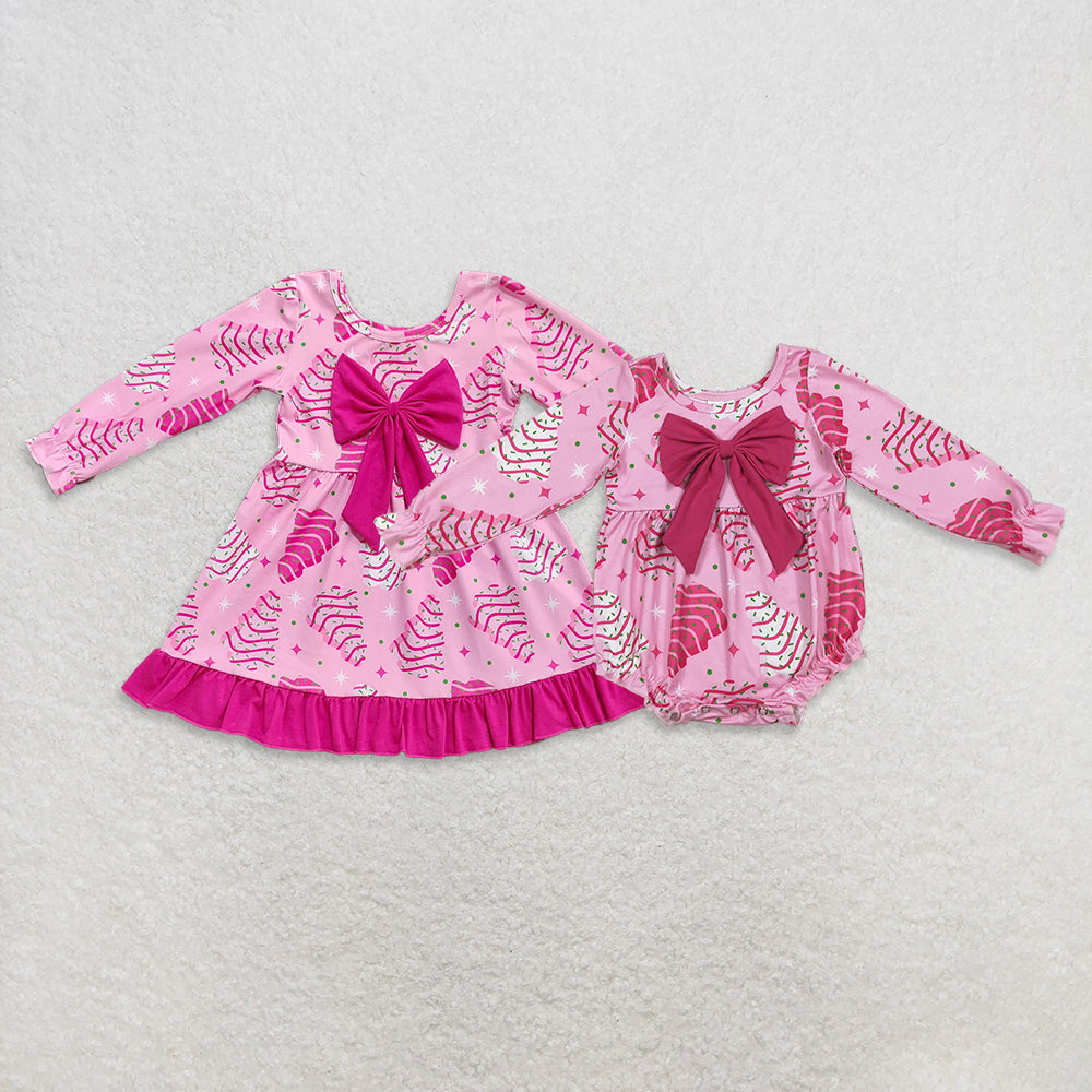 9.29 RTS Sibling Baby Girls Pink Christmas Trees Stars Bows Ruffle Knee Length Dresses Rompers