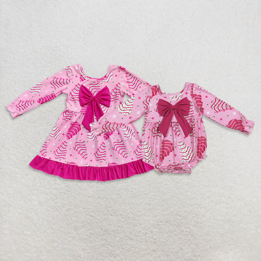 9.29 RTS Sibling Baby Girls Pink Christmas Trees Stars Bows Ruffle Knee Length Dresses Rompers