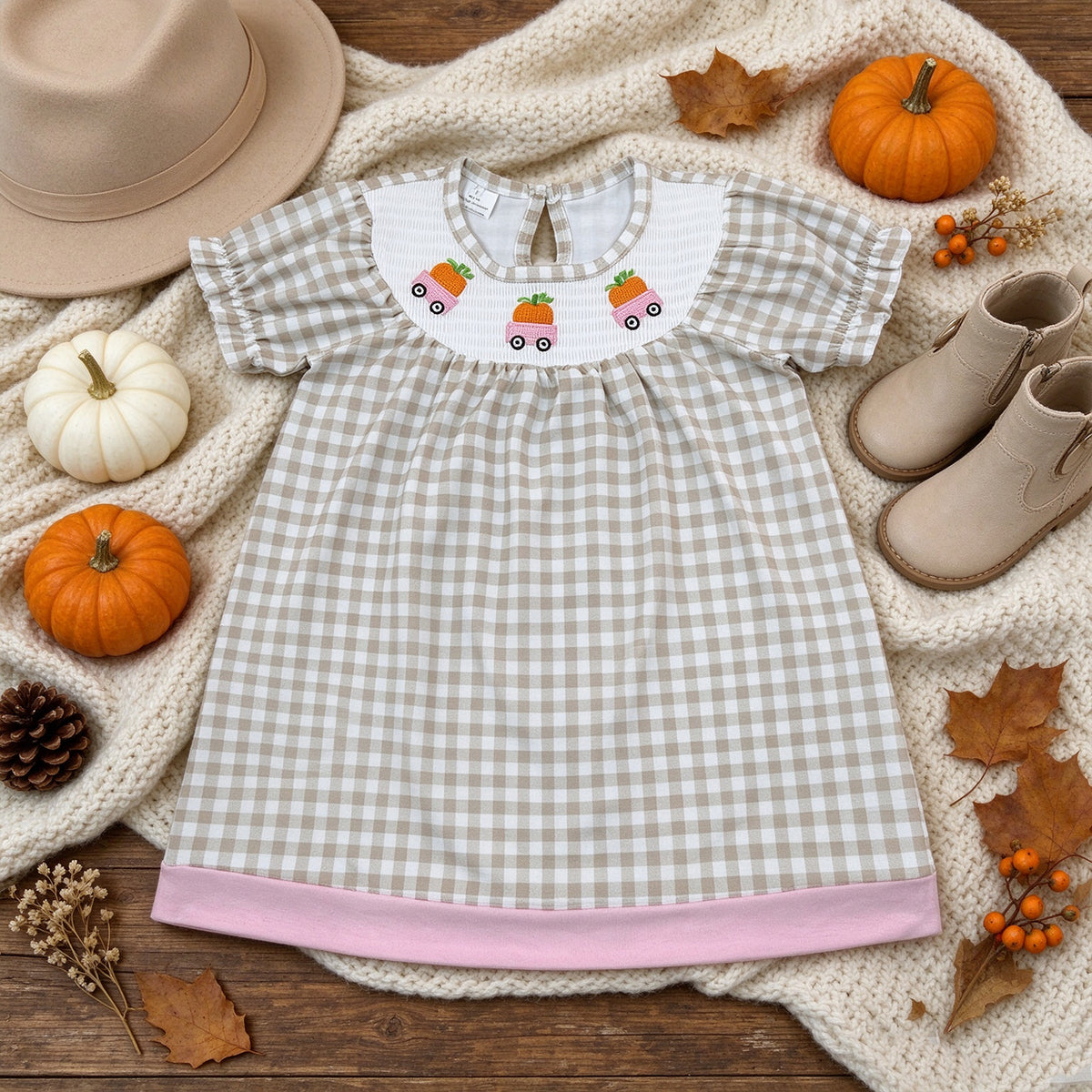 RTS NO MOQ （In stock）milk silk GSD4258 Smocked Pumpkins Trucks Baby Girls Khaki Checked Fall Knee Length Dresses