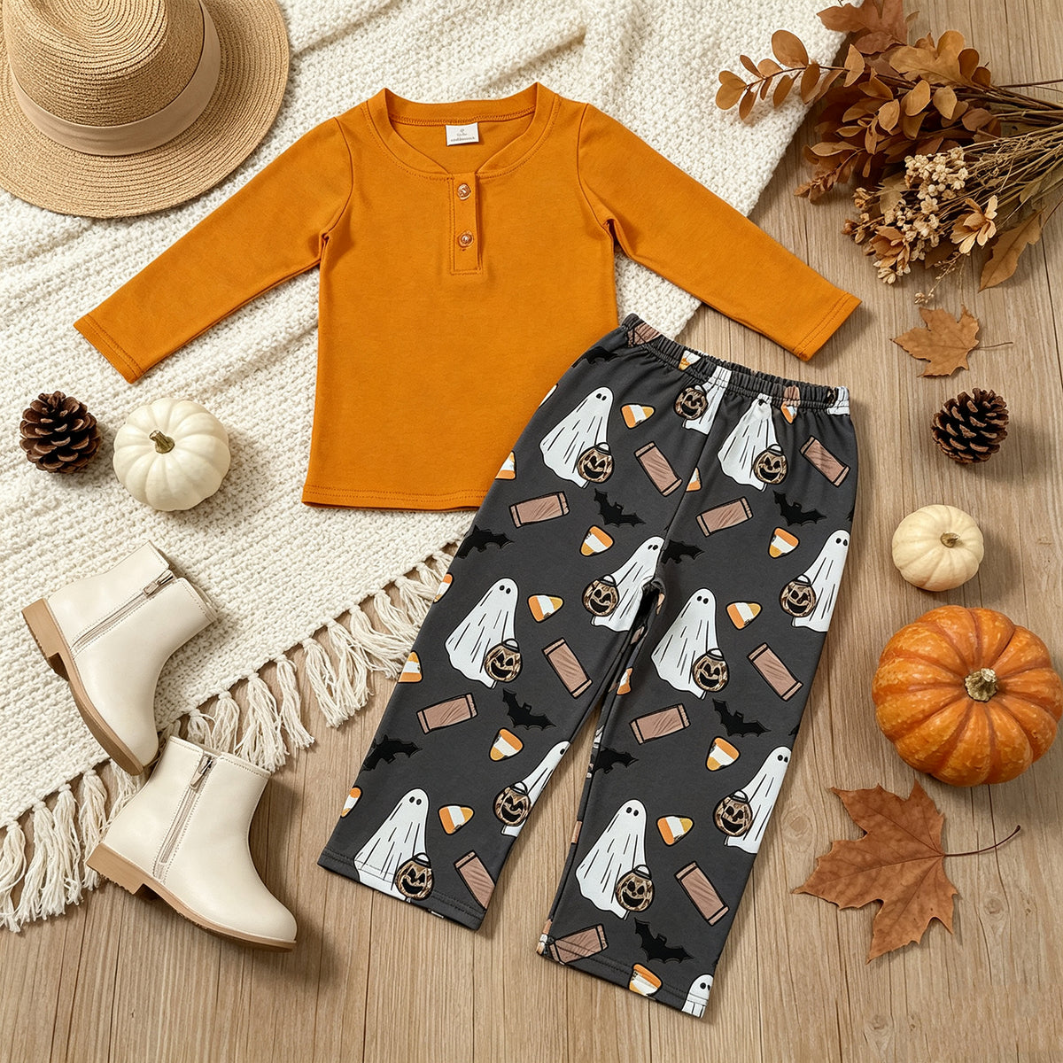 RTS NO MOQ milk silk BLP1546 Baby Boys Orange Button Top Ghosts Pumpkins Pant Halloween Clothes Set