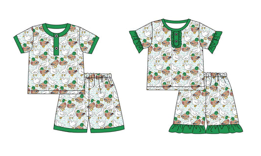 Baby Girls and Boys Green Duck Goose Shirts Shorts Pajamas Clothing Sets Preorder