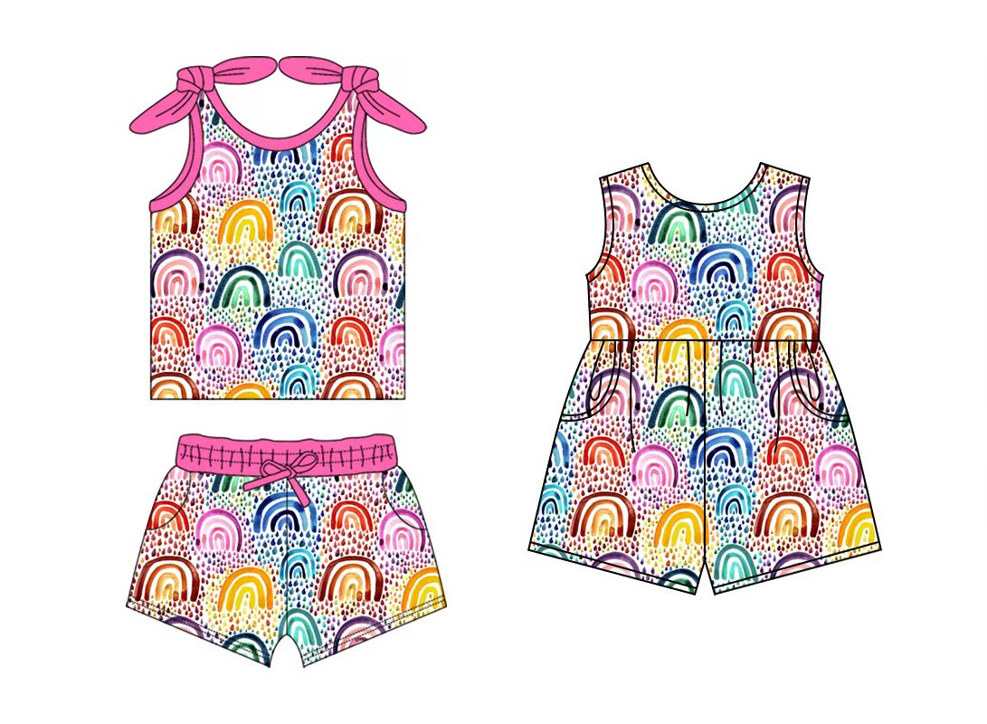 Baby Girls Pink Bows Strap Colorful Rainbows Polka Dots Top Pocket Shorts Set