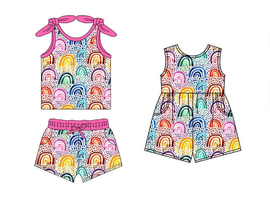 Baby Girls Pink Bows Strap Colorful Rainbows Polka Dots Top Pocket Shorts Set