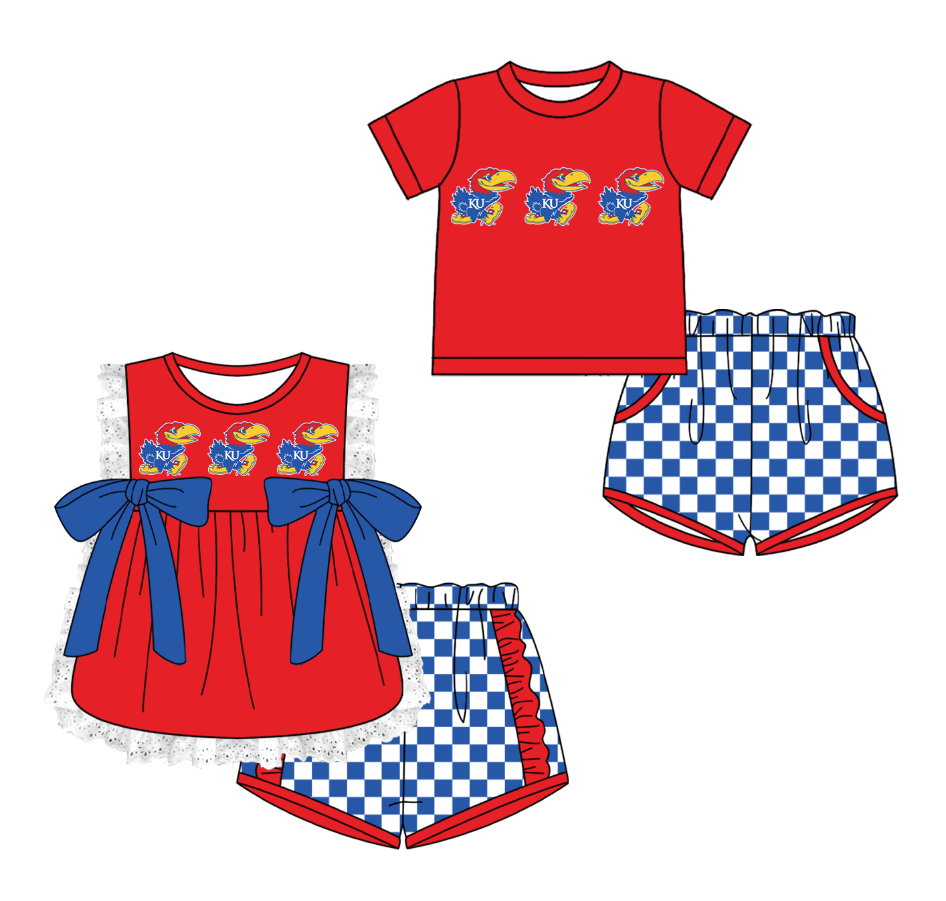 CUSTOM MOQ 5 Cute Comfortable Clothing For Kids Sibling Boys Baby Girls Summer Red Bow Top Blue Checked Shorts Team Clothes Sets