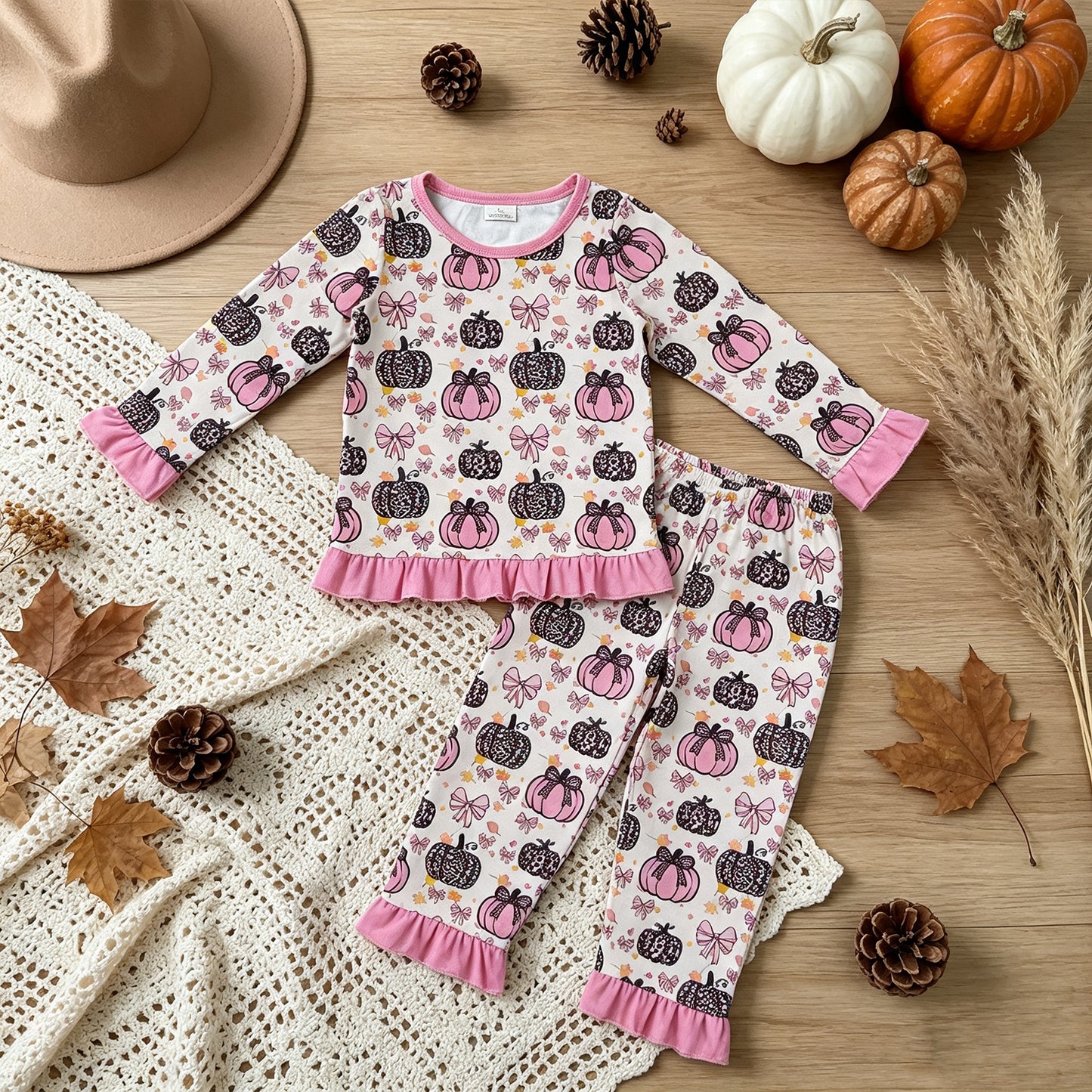 GLP3350 RTS NO MOQ （In stock）milk silk Baby Girls Bows Leopard Pumpkins Top Ruffle Pant Fall Pajamas Sets