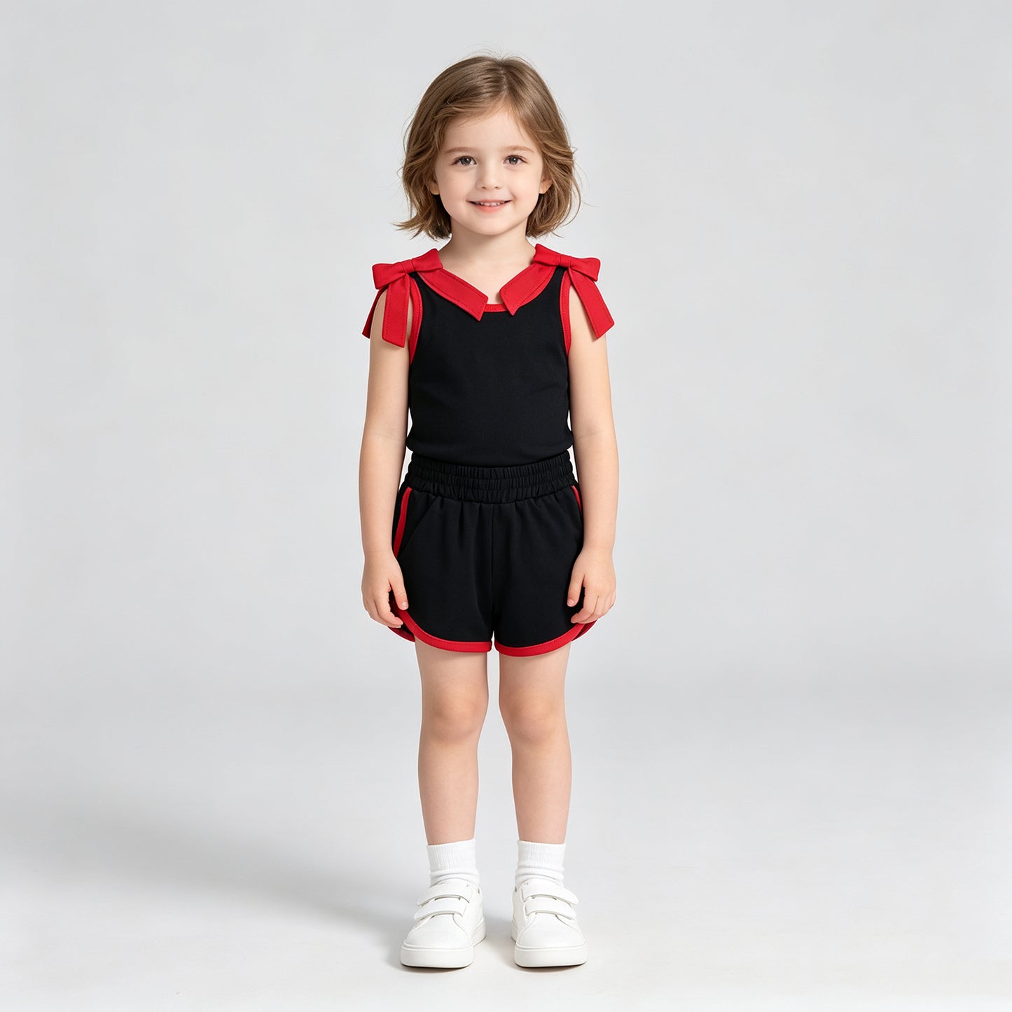 GSSO3827 RTS NO MOQ （In stock）Baby Girls Black Red Bows Sleeveless Top Shorts Two Piece Summer Sets