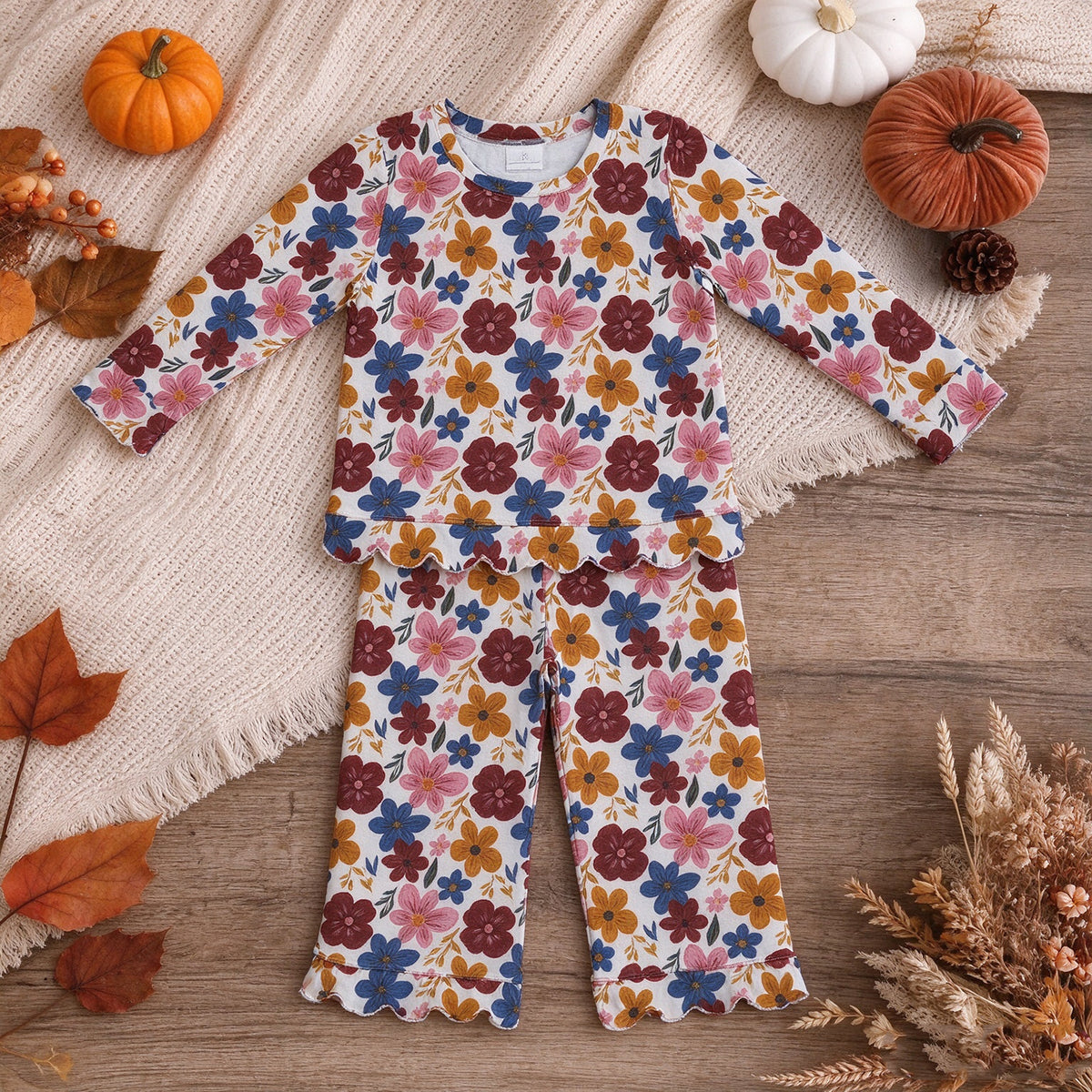 RTS NO MOQ （In stock）GLP3690  Baby Girls Long Sleeve Colorful Flowers Top Pants Fall Scallop Clothes Set