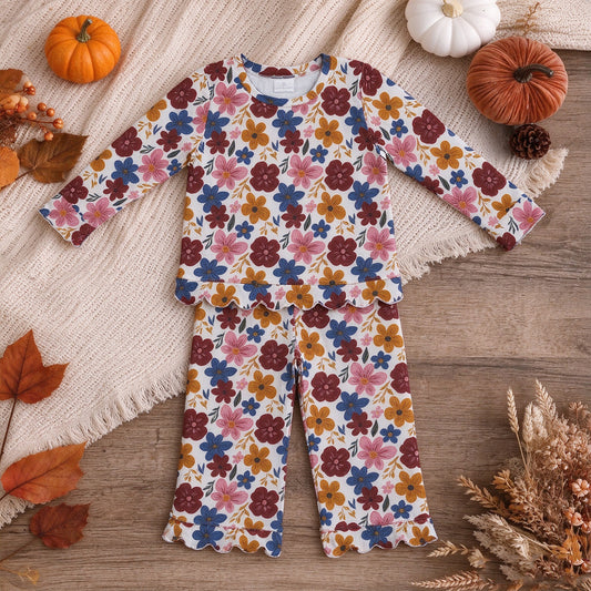RTS NO MOQ （In stock）GLP3690  Baby Girls Long Sleeve Colorful Flowers Top Pants Fall Scallop Clothes Set