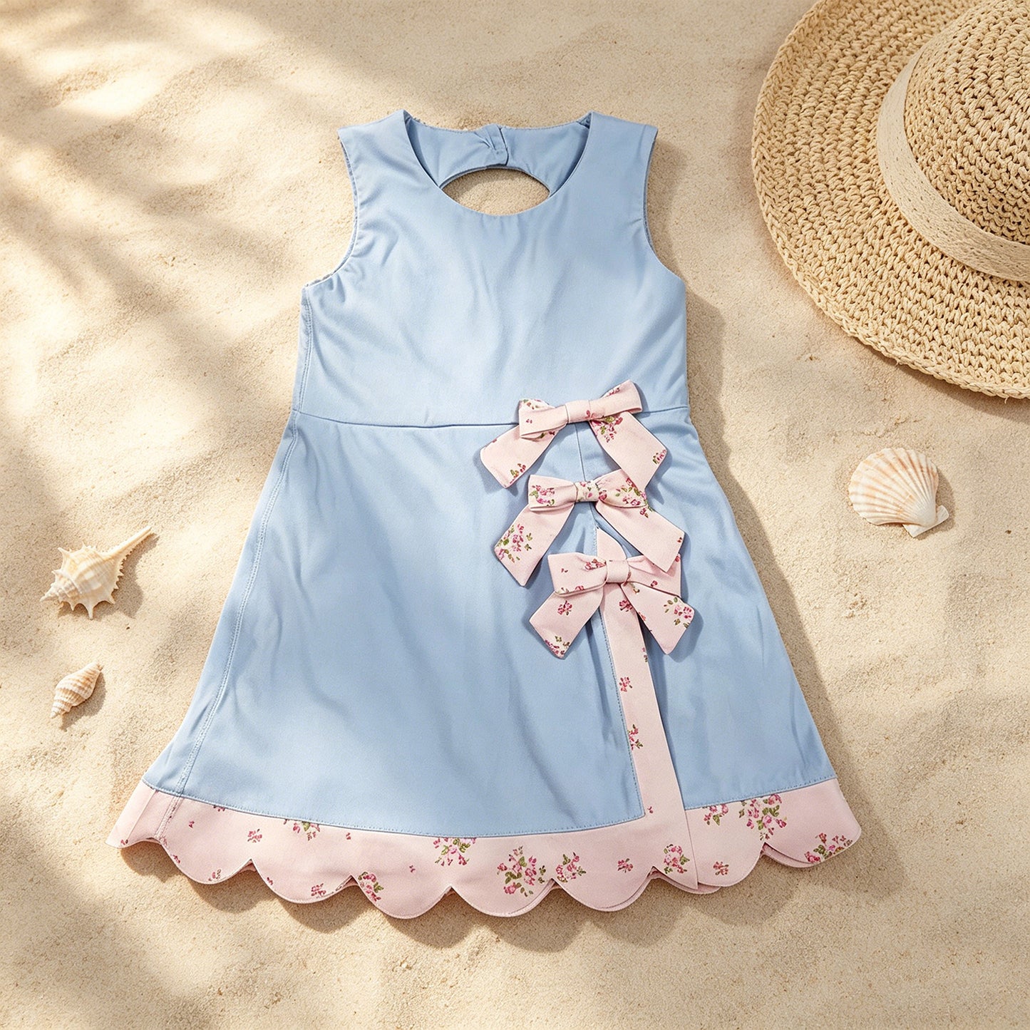 GSD3030 RTS NO MOQ （In stock ）Sleeveless floral bow light blue kids girls summer athletic dress