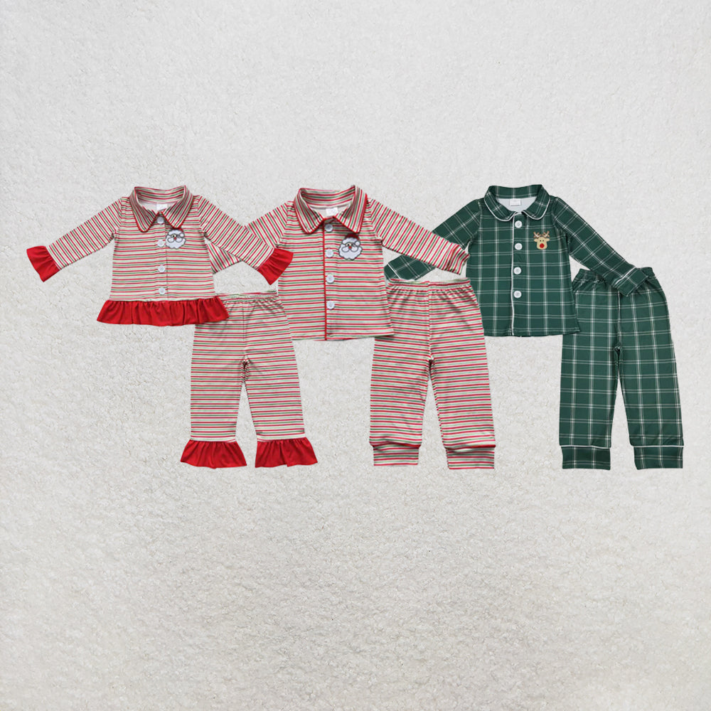 RTS Sibling Baby Kids Embroidery Santa Button Top Pants Christmas Pajamas Sets