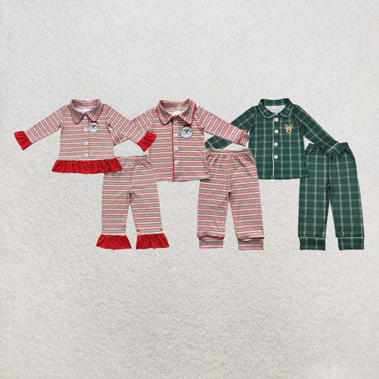 RTS Sibling Baby Kids Embroidery Santa Button Top Pants Christmas Pajamas Sets