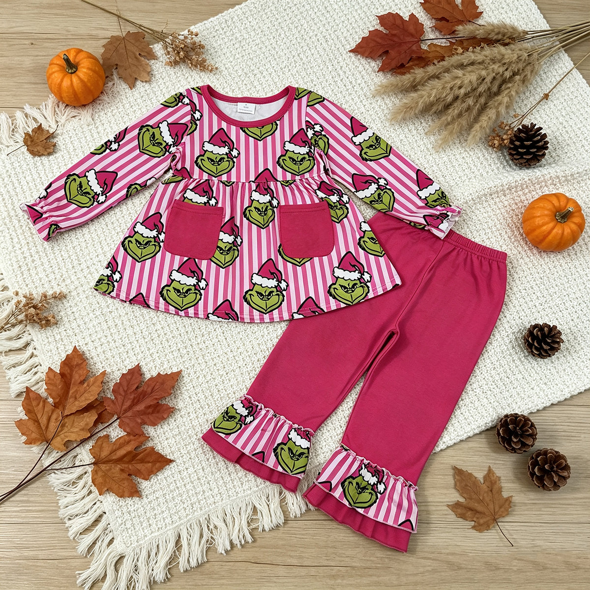 RTS NO MOQ （In stock）milk silk GLP3458 Baby Girls Pink Stripe Frogs Pockets Tunic Ruffle Pant Christmas Clothes Set