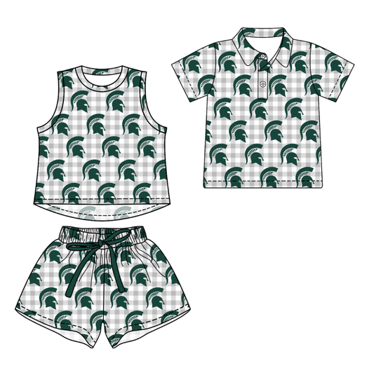 3.16 CUSTOM MOQ 5 Sibling Boys Baby Girls Summer Fashion Gray Check Green Sleeveless Top Shorts Button Polo Shirts Team Clothes Sets