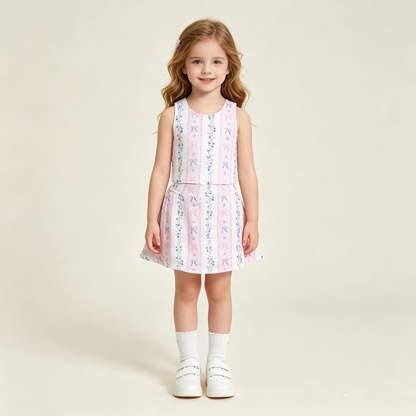 GSD2216 RTS NO MOQ （In stock ） Baby Girls Pink Sleeveless Bows Floral Top Skort Yoga Set